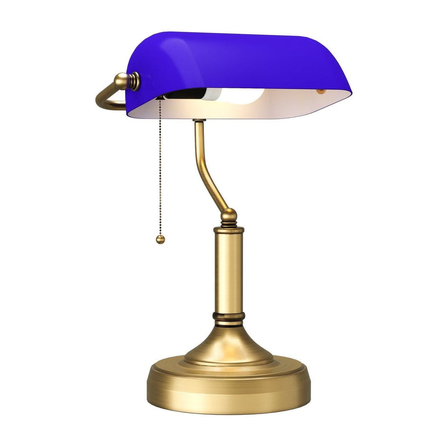 HOMCOM Banker's Desk Lamp with Antique Bronze Tone Base, Table Lamp with Blue Glass Shade for Home Office, Blue