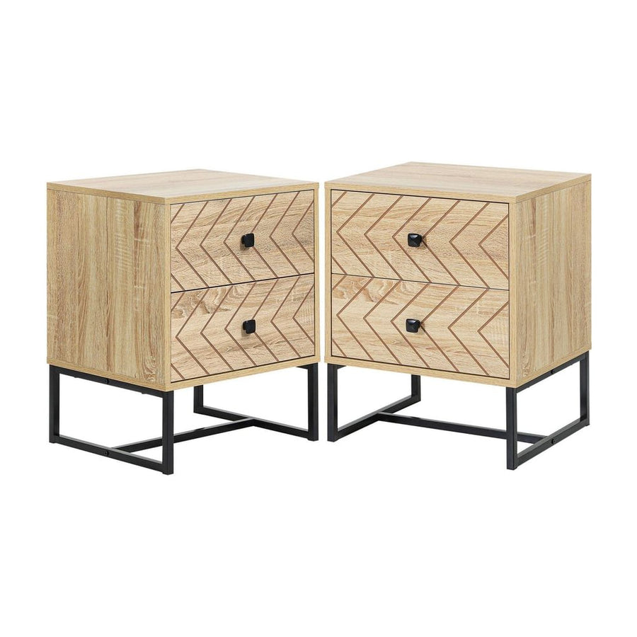 HOMCOM Bedside Table Nightstand Two-Drawer Bedroom Storage Unit Zig Zag Design with Black Metal Handles, Set of 2, Natural