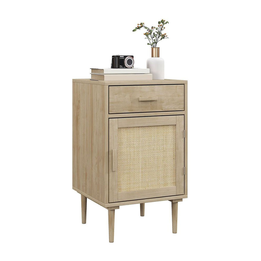 HOMCOM Bedside Table, Rattan Side Tables with Drawer, Cabinet and Adjustable Shelf, Boho Bedside Cabinet with Storage for