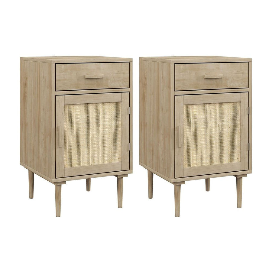 HOMCOM Bedside Tables Set of 2, Rattan Side Tables with Drawer, Cabinet and Adjustable Shelf, Boho Bedside Cabinets with