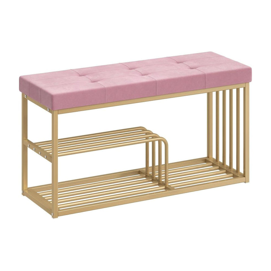 HOMCOM Bench and Shoe Storage with a pink tufted seat and a gold metal frame