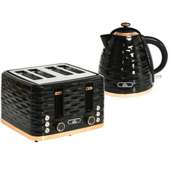 Black four-slice rippled toaster and matching kettle on a wooden surface