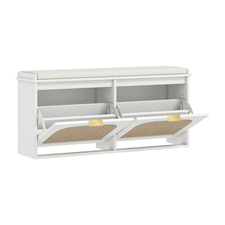 HOMCOM Boho Shoe Bench with a padded seat and two flip-drawers in white