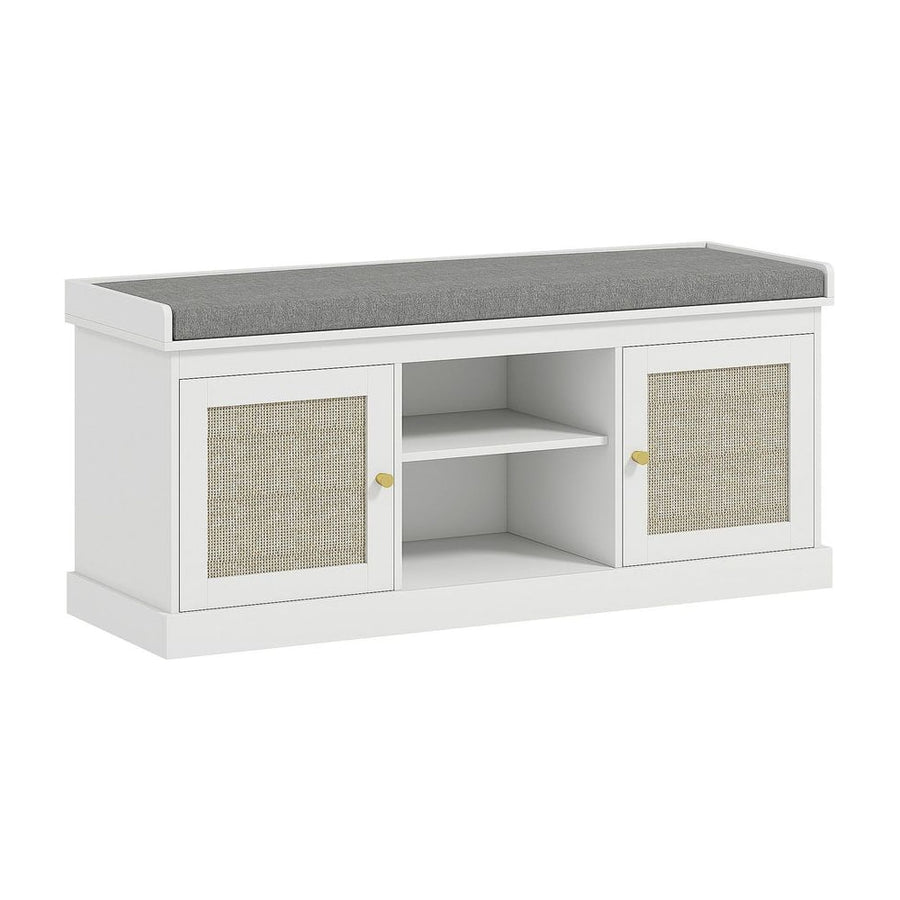 HOMCOM Boho Shoe Storage Bench with two rattan doors and a grey padded cushion on top