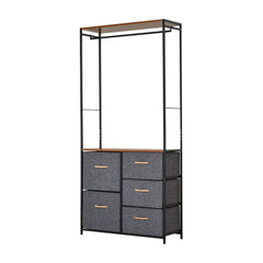 HOMCOM Chest of Drawers with coat rack, a black steel frame with a wooden top and five grey fabric drawers