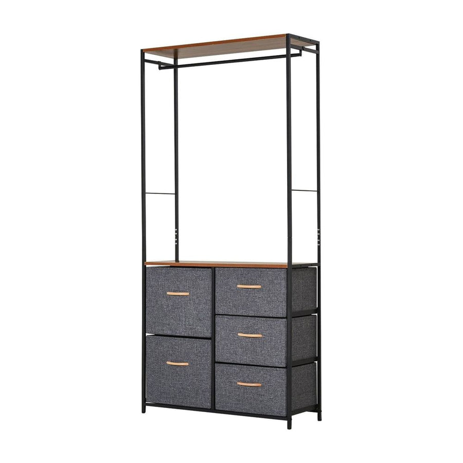 HOMCOM Chest of Drawers with coat rack, a black steel frame with a wooden top and five grey fabric drawers