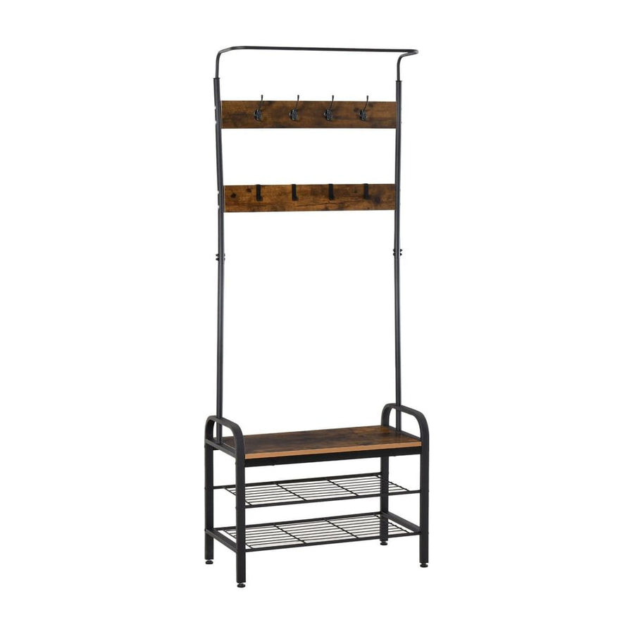 HOMCOM Coat Rack with a wooden bench, two shoe shelves and two rows of metal hooks