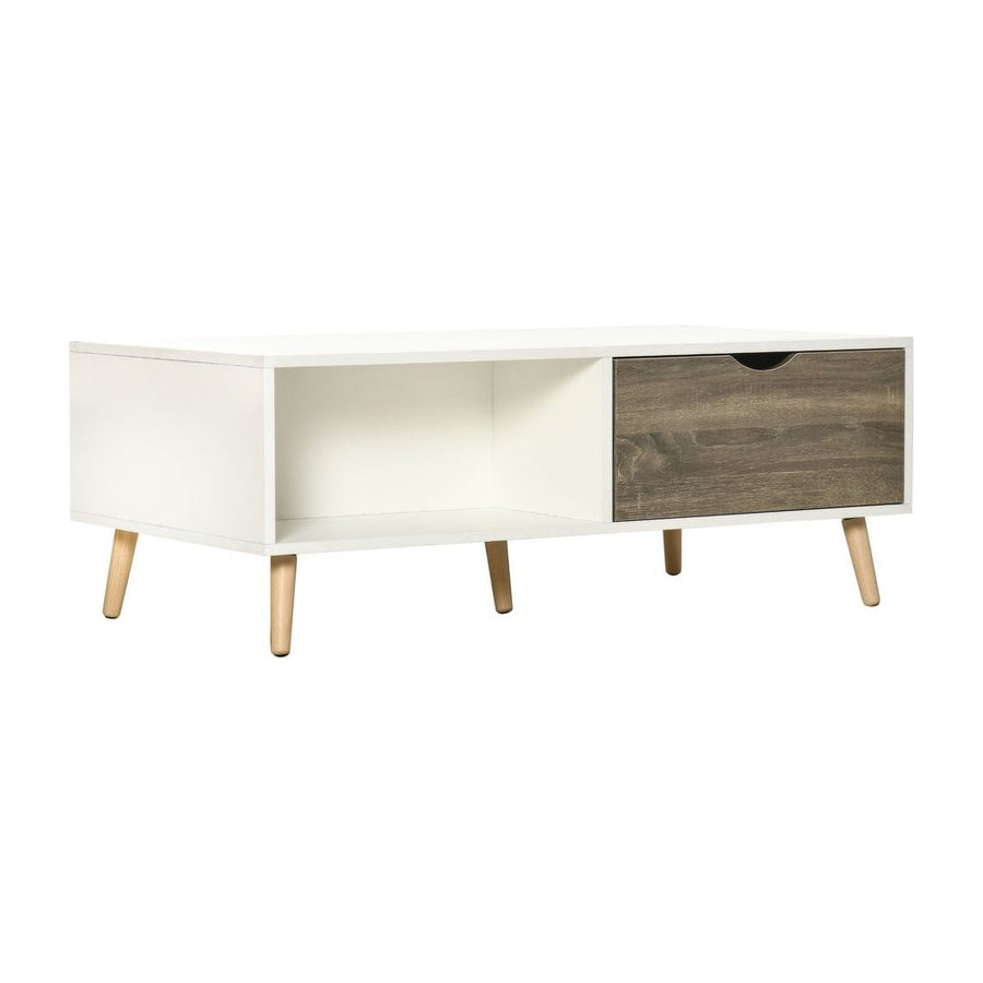 HOMCOM Coffee Table, Modern Tea Table with Open Storage Shelves, Two Drawers and Solid Wood Legs, Coffee Tables for Living