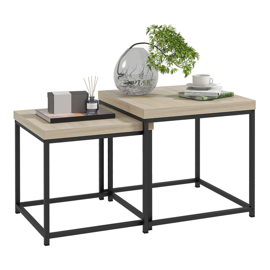 HOMCOM Coffee Table Set of 2, Nest of Tables with 3.5cm Thick Tabletop, Oak