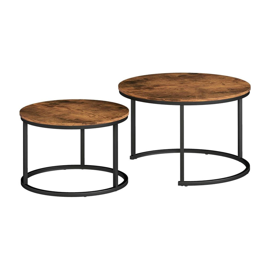 HOMCOM Coffee Table Set of 2, Round Nest of Tables with Metal Frame, Modern Side Tables for Living Room, Rustic Brown