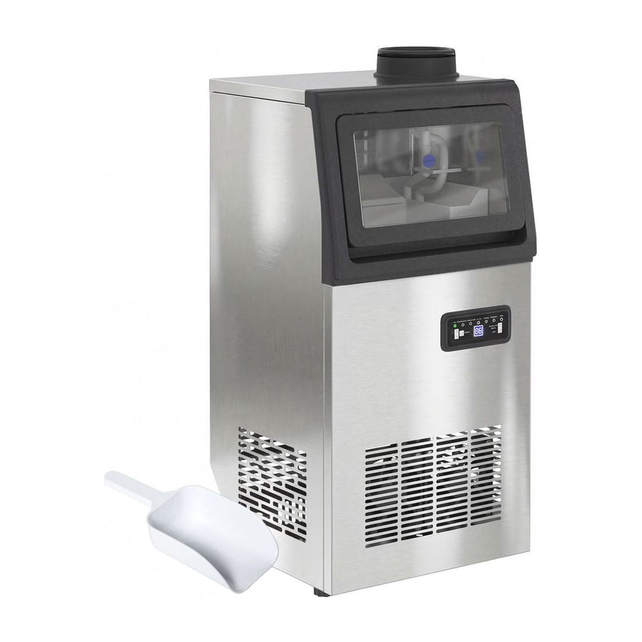 HOMCOM Commercial Ice Maker Machine, a silver stainless steel unit with a clear lid and ice scoop