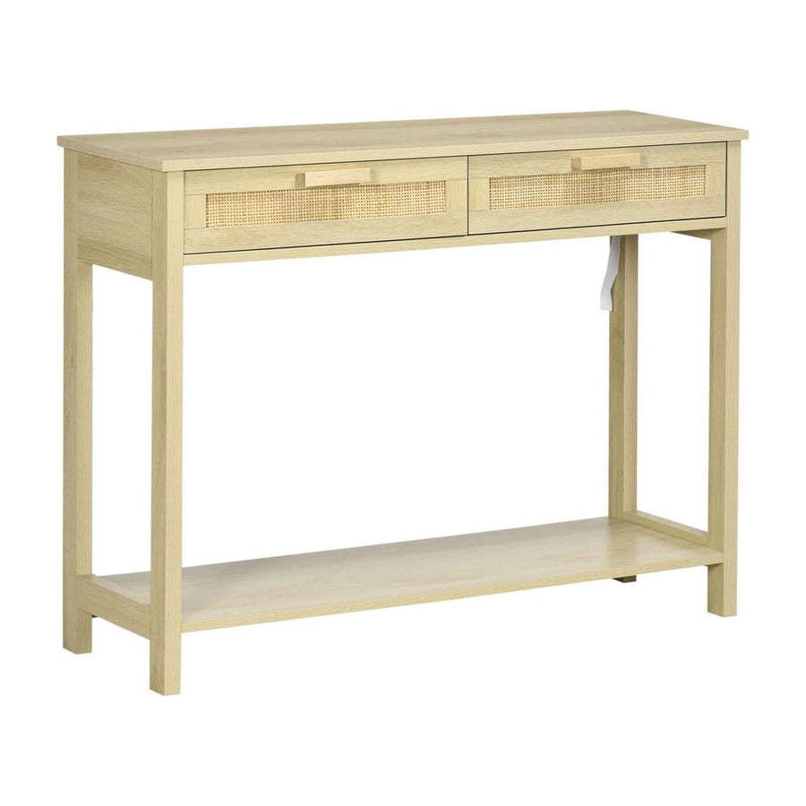 HOMCOM Console Sofa Table Hallway Side Desk with a shelf and two drawers in a natural wood finish