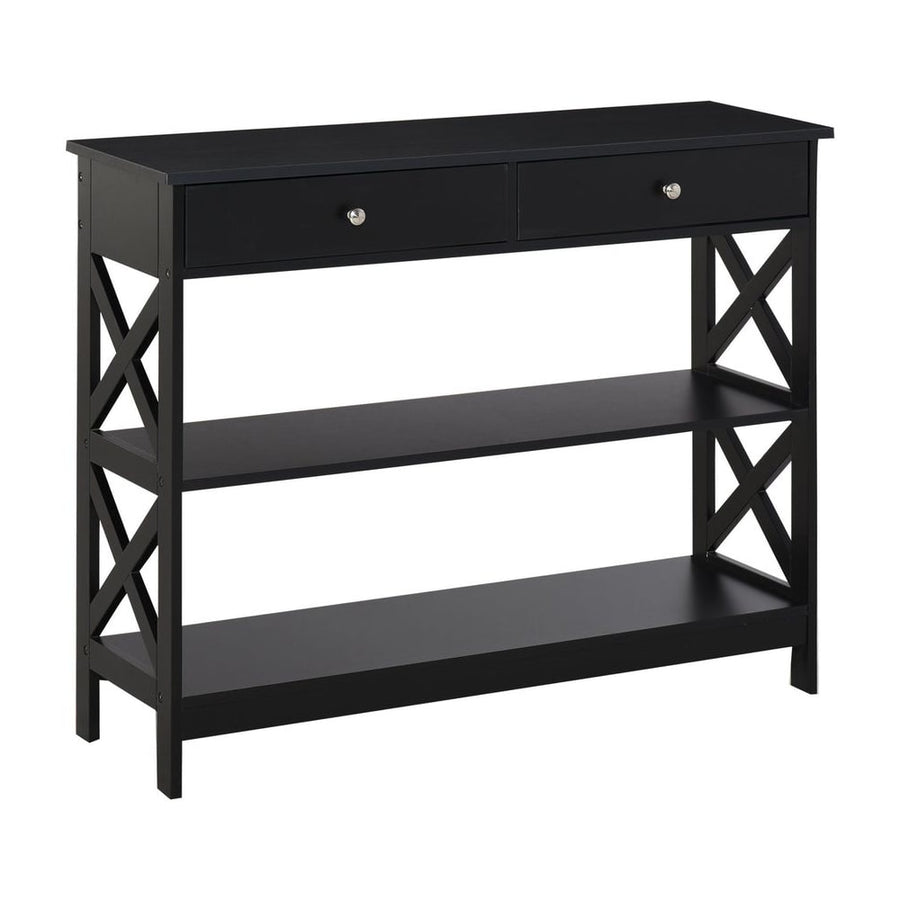 HOMCOM Console Table in black with two drawers and two open shelves featuring side X-frame supports
