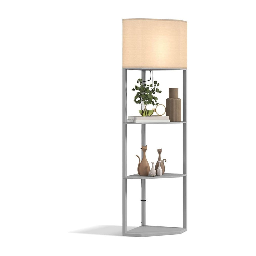 HOMCOM Corner Floor Lamp with Shelves, Tall Standing Lamps for Living Room, with Pull Chain Switch Bulb not Included, Grey