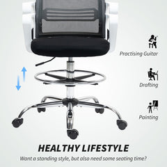 Close up of the office chair base with wheels and adjustable foot ring