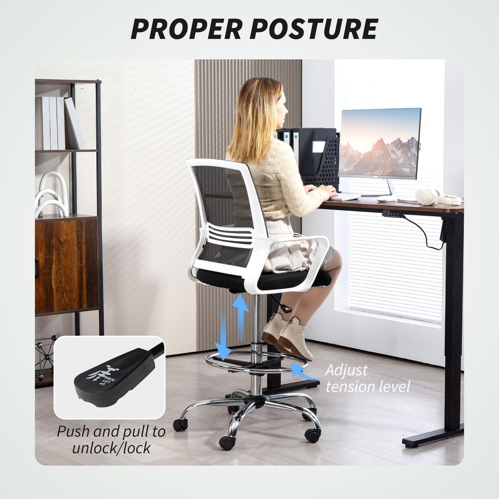 Woman adjusting the office chair tension level at a desk