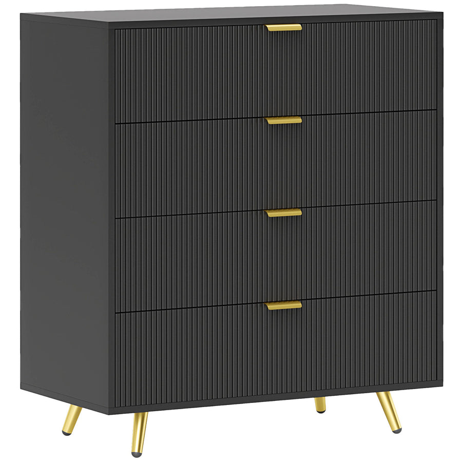 Black dresser with gold legs and handles on a white background