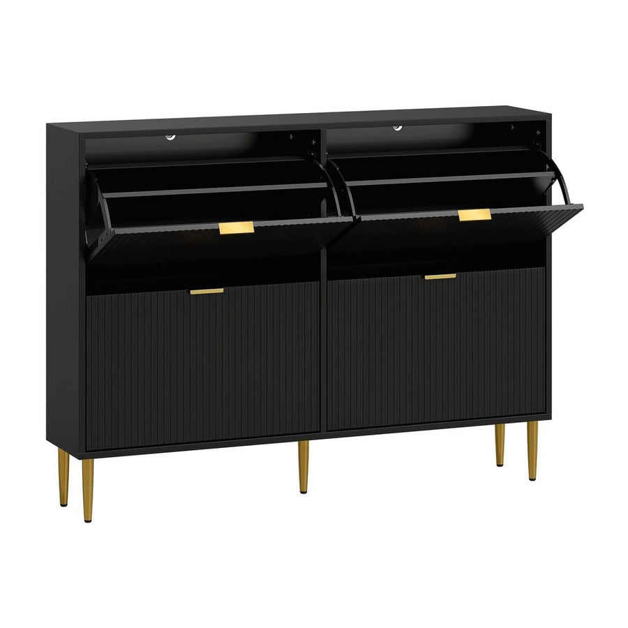 HOMCOM Elegant Four-Drawer Shoe Cabinet in black with two top drawers open to show internal storage