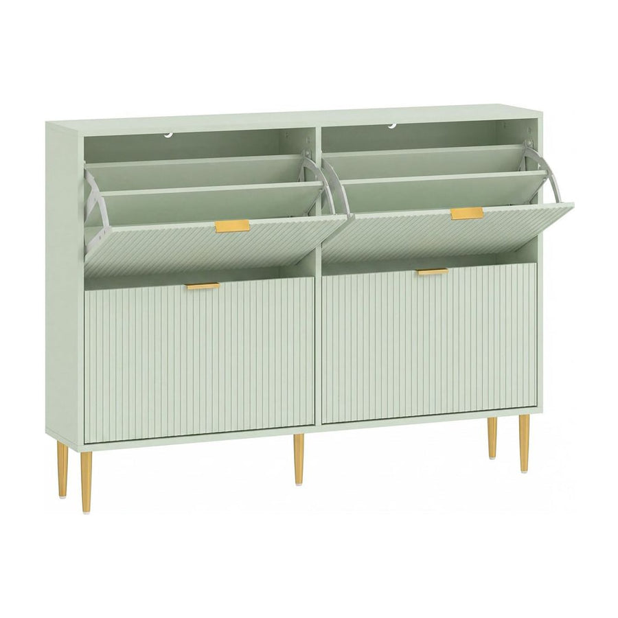 HOMCOM Elegant Four-Drawer Shoe Cabinet in light green with four fluted doors and gold handles