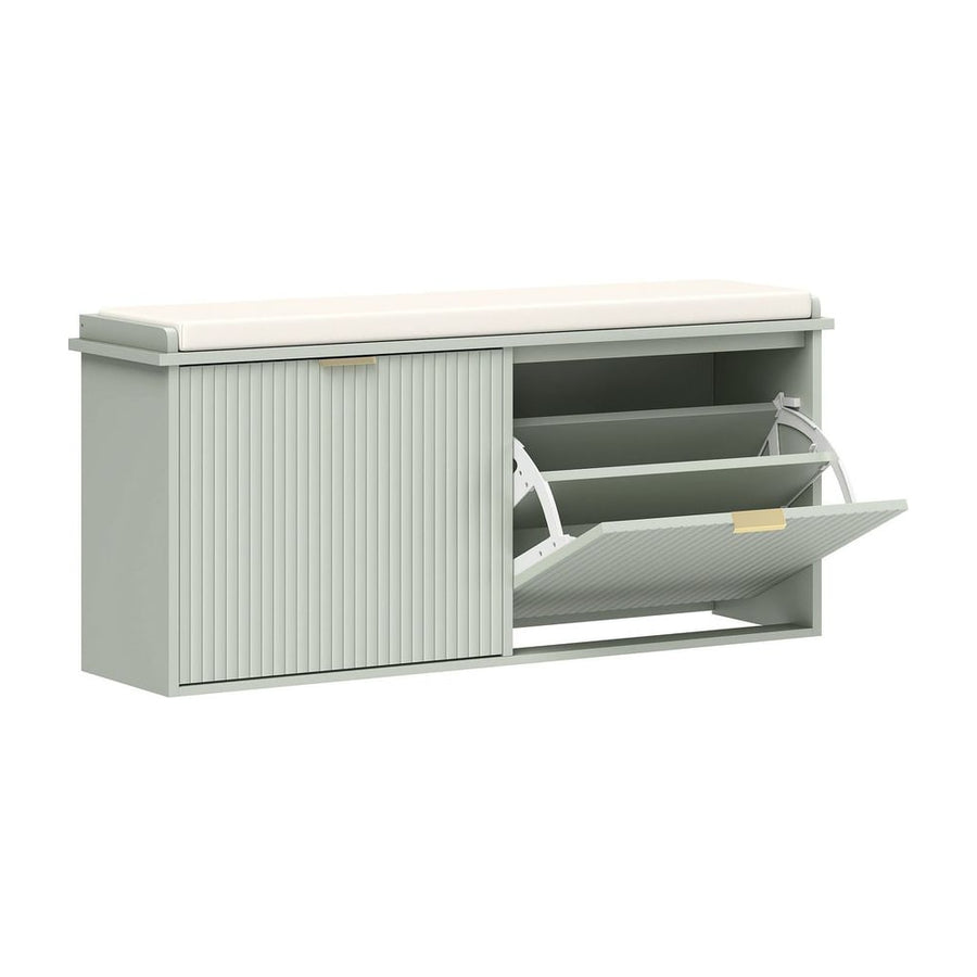 HOMCOM Elegant Ten Shoe Bench in green with a padded seat and fluted door and flip-down shoe compartments