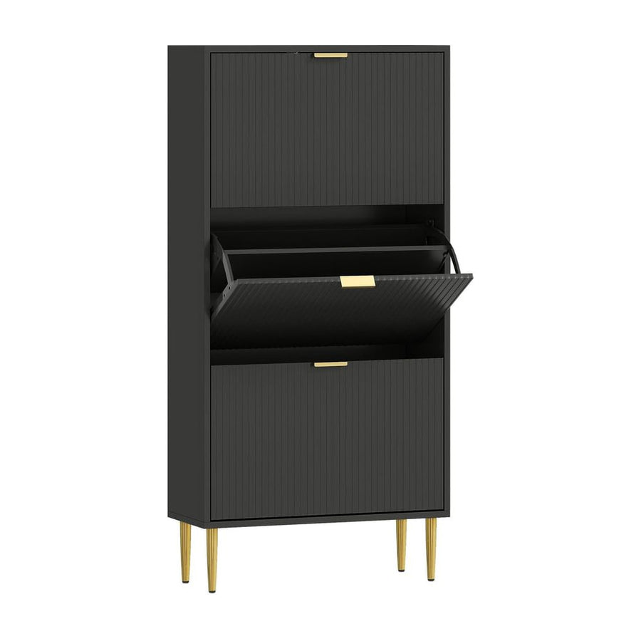 HOMCOM Elegant Three-Drawer Shoe Cabinet in black with gold legs and one open middle compartment