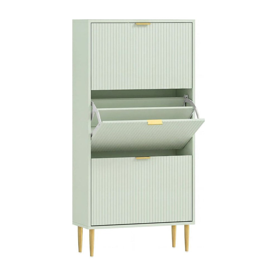 HOMCOM Elegant Three-Drawer Shoe Cabinet with fluted doors and gold handles, shown in light green