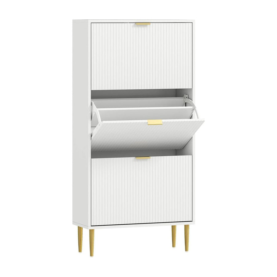 HOMCOM Elegant Three-Drawer Shoe Cabinet in white with gold handles and legs