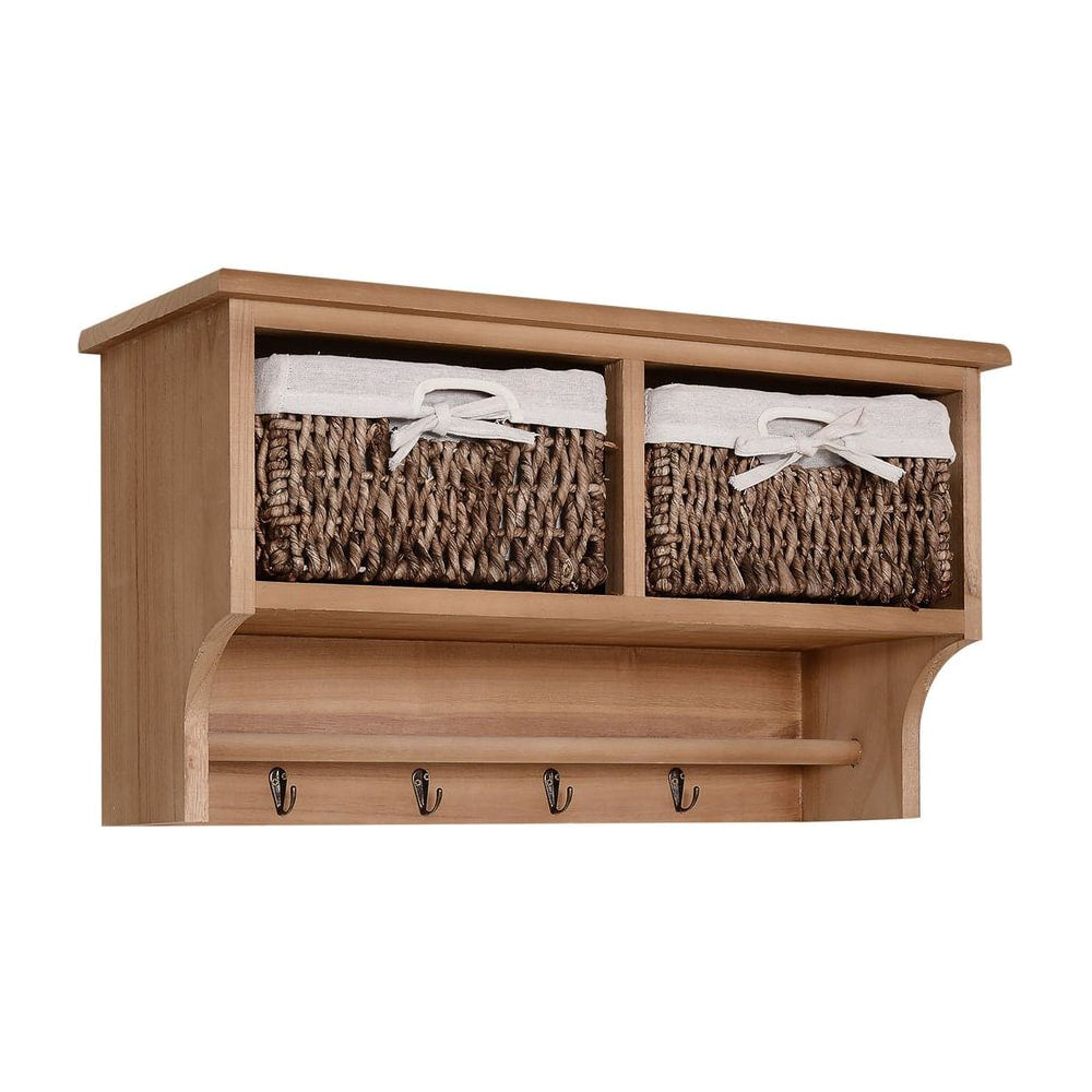 HOMCOM Entryway Coat Rack Wall Mounted Shelf w/ 2 Corn Husk Baskets and Hooks, Brown