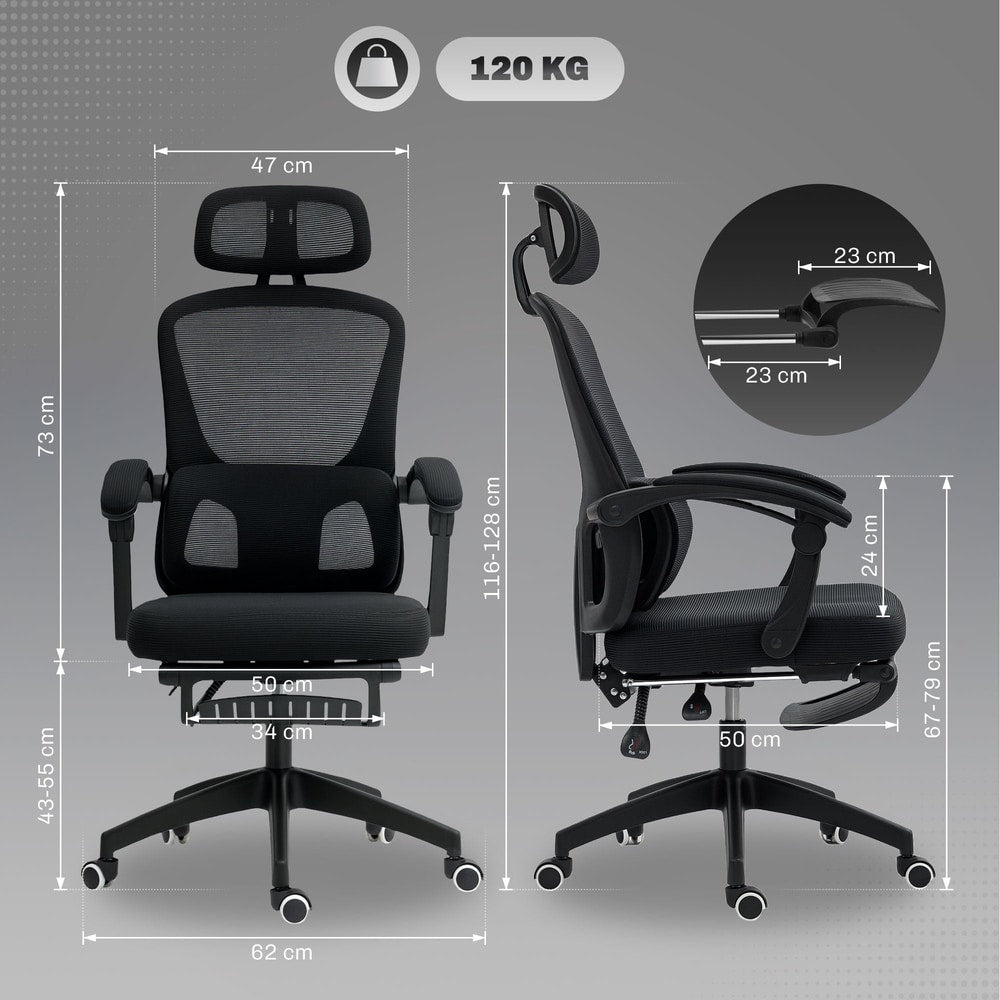Dimensions of the black mesh office chair shown from the front and side