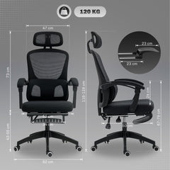Dimensions of the black mesh office chair shown from the front and side