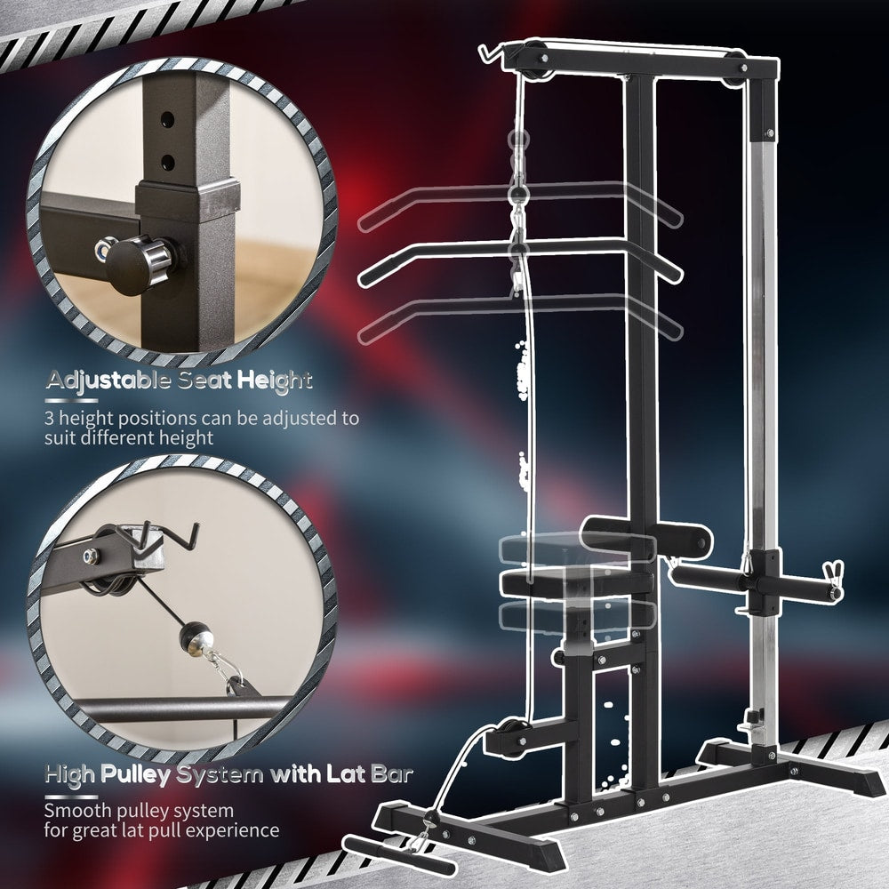 Close up of the power tower showing adjustable seat height and high pulley system