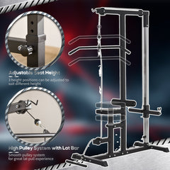 Close up of the power tower showing adjustable seat height and high pulley system