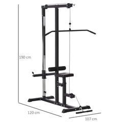 Exercise pulley machine with dimensions shown for height, width and depth