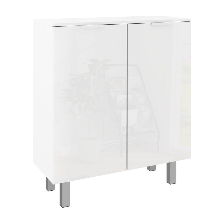 HOMCOM Five-Shelf Shoe Storage Cupboard in white with silver legs, a full front view