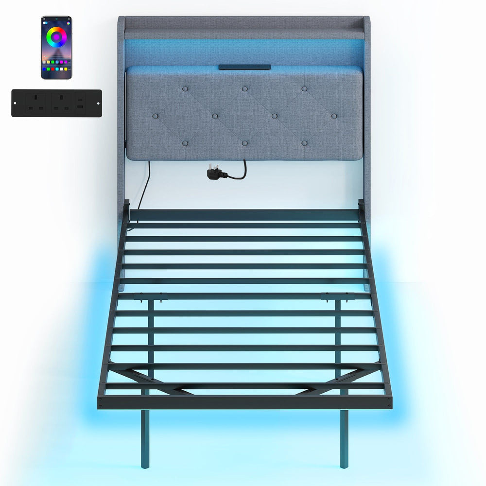 HOMCOM Floating Bed Frame, upholstered single size bed with RGB LED lights and charging station in grey