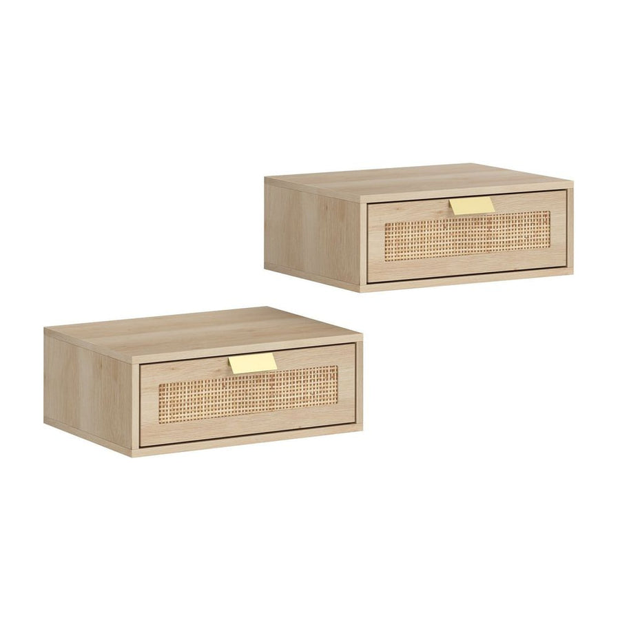 HOMCOM Floating Bedside Tables Set of 2, Wall Mounted Bedside Cabinets with Rattan Drawer and Wood Effect, Oak