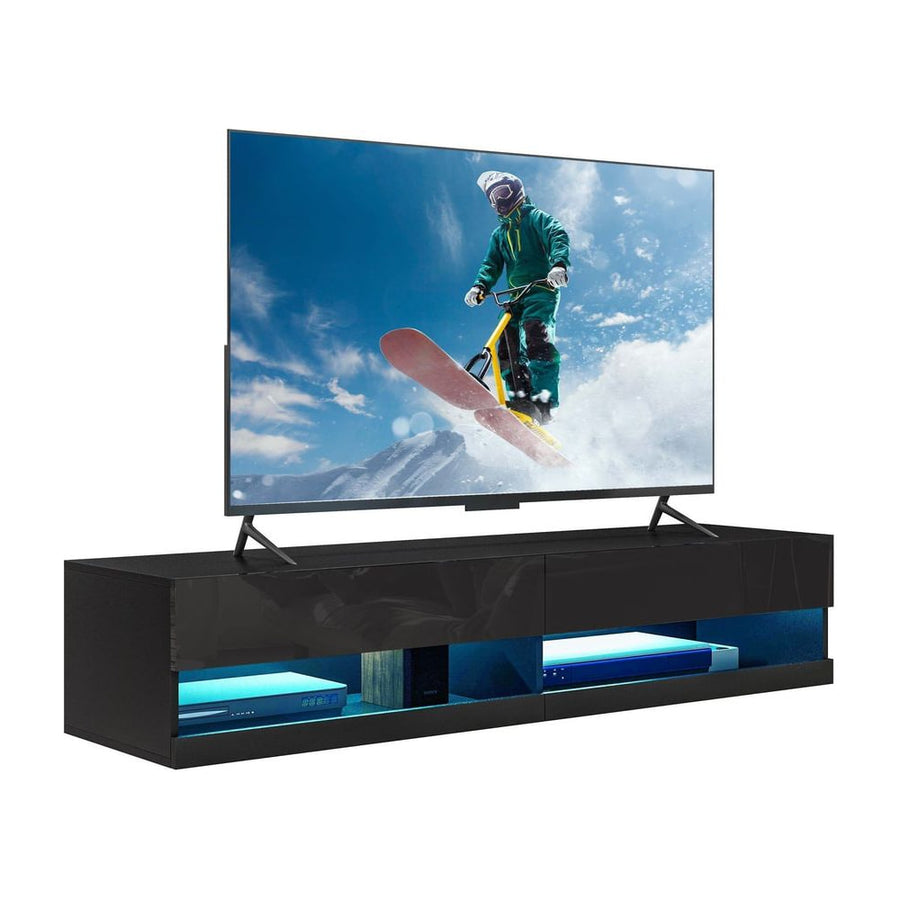 HOMCOM Floating TV Unit, Wall Mounted TV Cabinet for TVs up to 65", High Gloss Media Wall Unit with LED Lights, Storage
