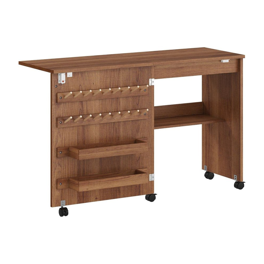 HOMCOM Folding Sewing Table shown with its side panel open, revealing storage pegs and shelves