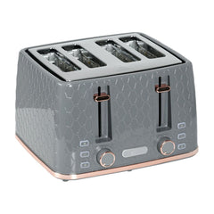 HOMCOM Four-Slice Honeycomb Toaster in grey with a honeycomb pattern and rose gold accents