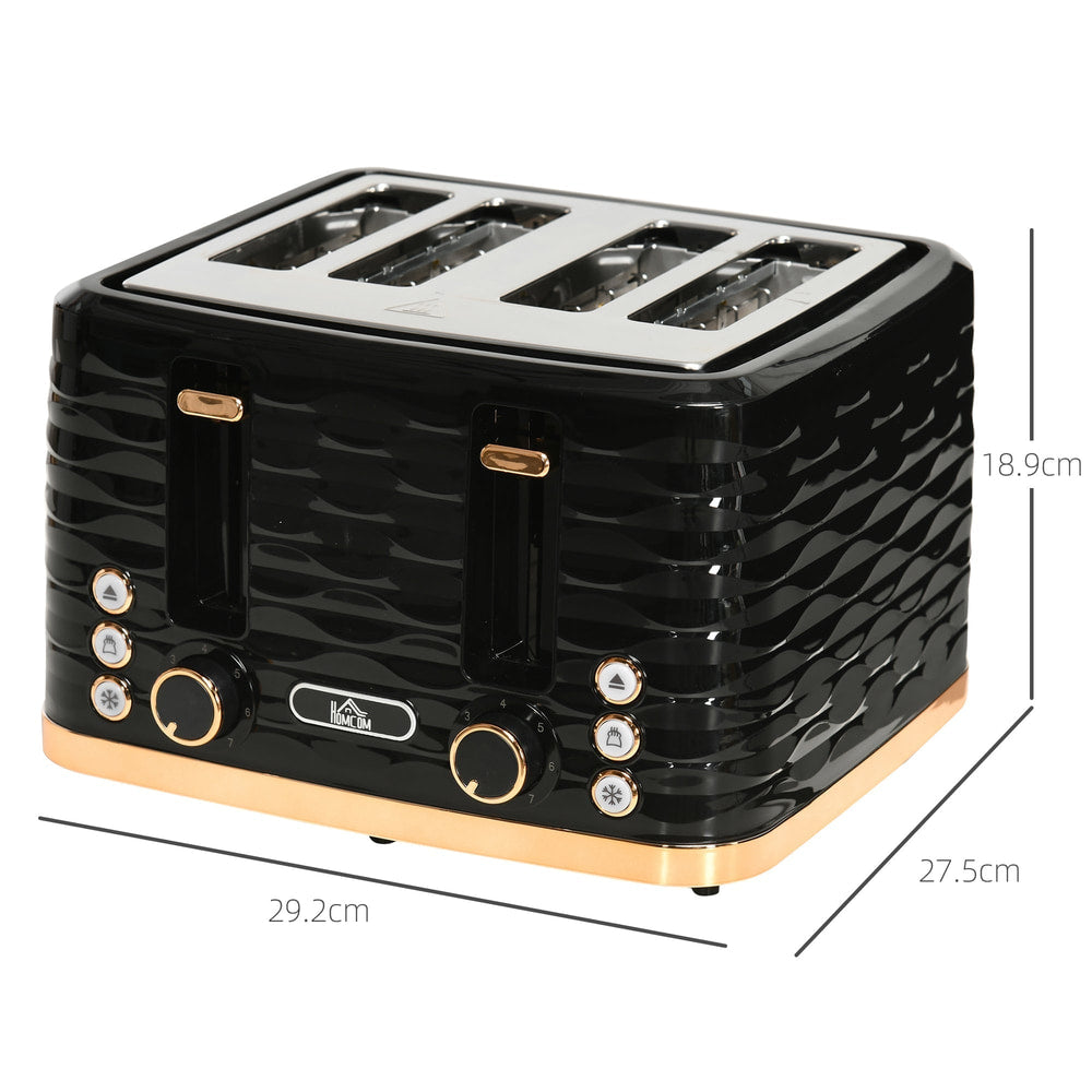 Dimensions of the black four-slice rippled toaster with gold trim