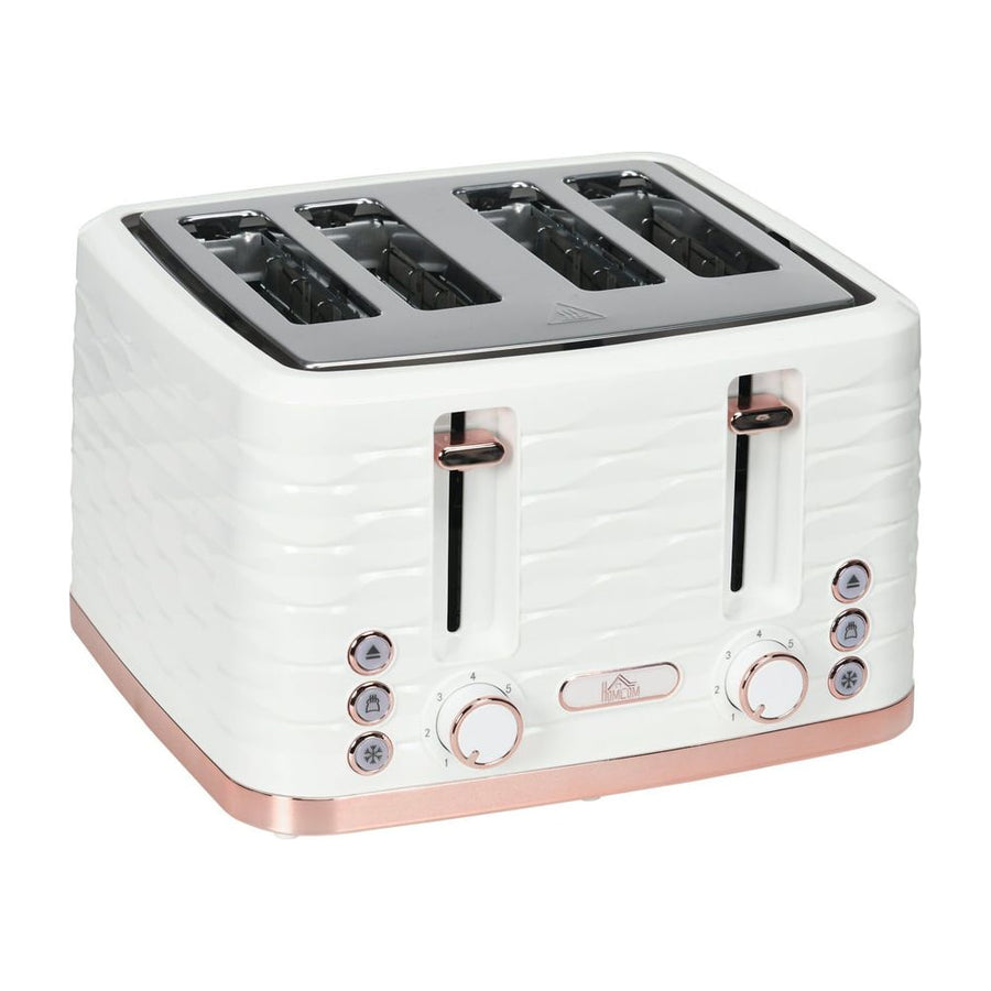 HOMCOM Four-Slice Rippled Toaster in white with rose gold accents on a plain white background