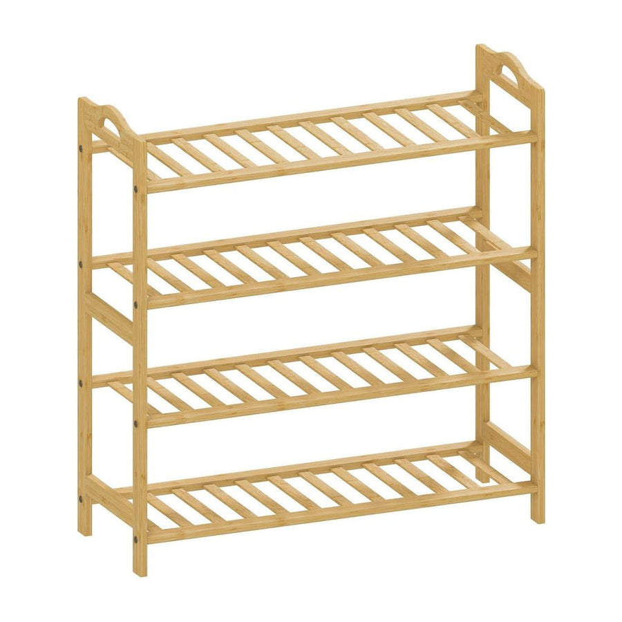 HOMCOM Freestanding Bamboo Shoe Rack with four slatted shelves and arched side handles