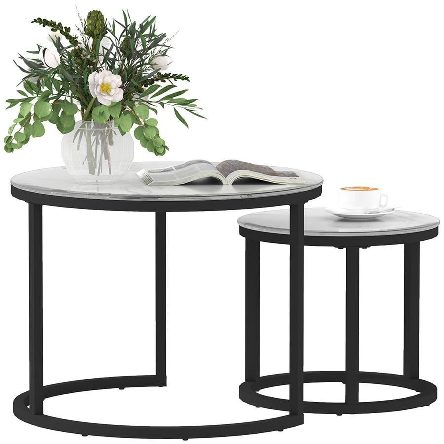 HOMCOM Glass Coffee Table Set of 2, Round Nest of Tables with Marble-Effect Tempered Glass Tabletop and Steel Frame, Modern