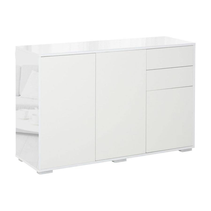 HOMCOM High Gloss Side Cabinet, Push-Open Design with 2 Drawers and 2 Cabinets for Living Room, 74H x 117W x 36Dcm, White