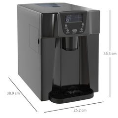 The black ice maker machine with dimension lines showing its height, width and depth