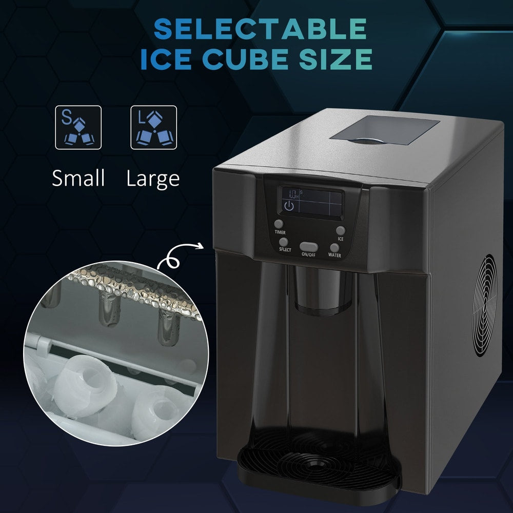 The small kitchen appliance showing the internal ice making mechanism and cube size options