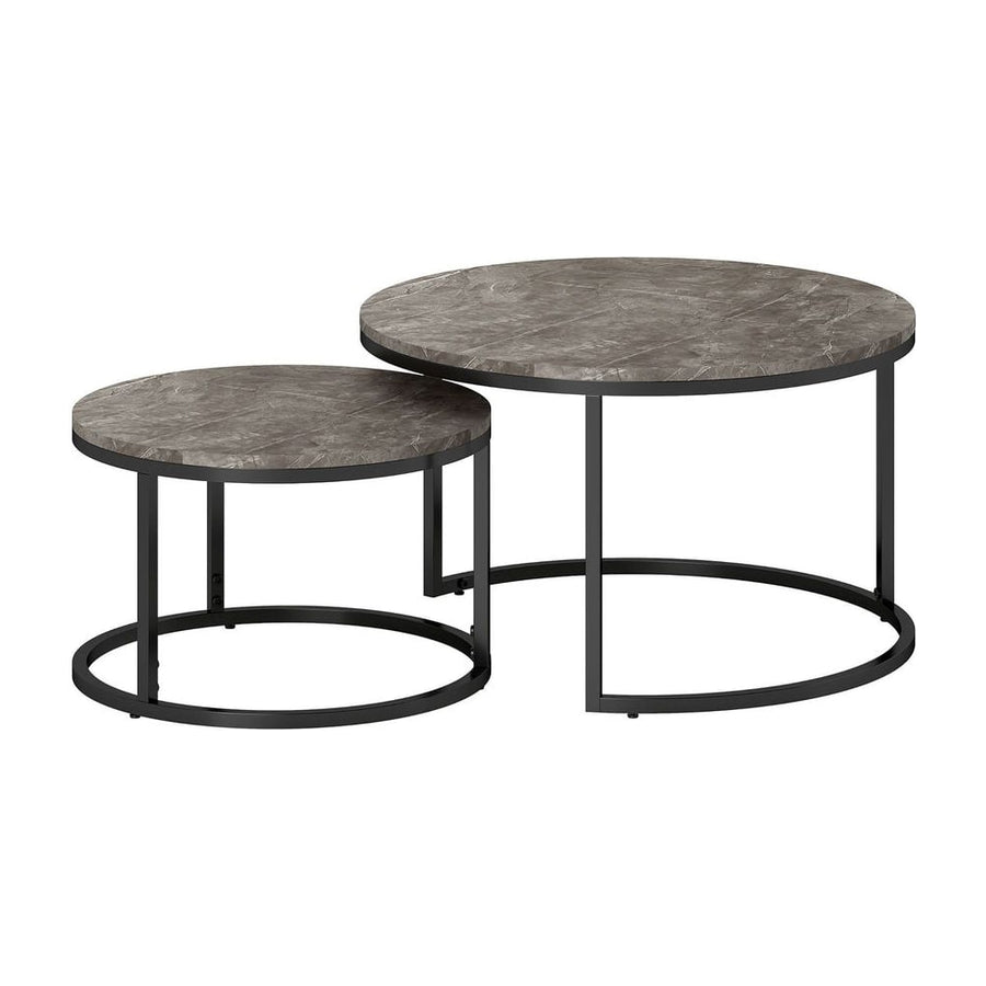 HOMCOM Industrial Nesting Coffee Table Set of 2, Round Coffee Tables, Living Room Table with Faux Marbled Top and Steel Frame