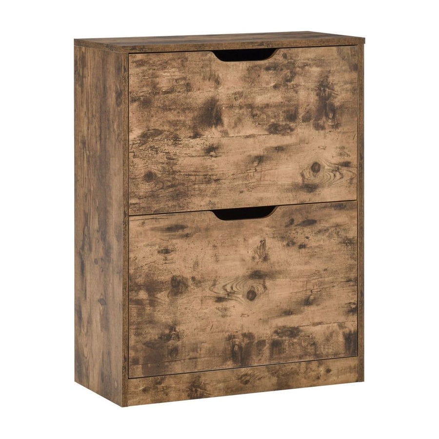 HOMCOM Industrial Shoe Cabinet with 2 Flip Drawers, a freestanding slim shoe storage organiser in rustic brown