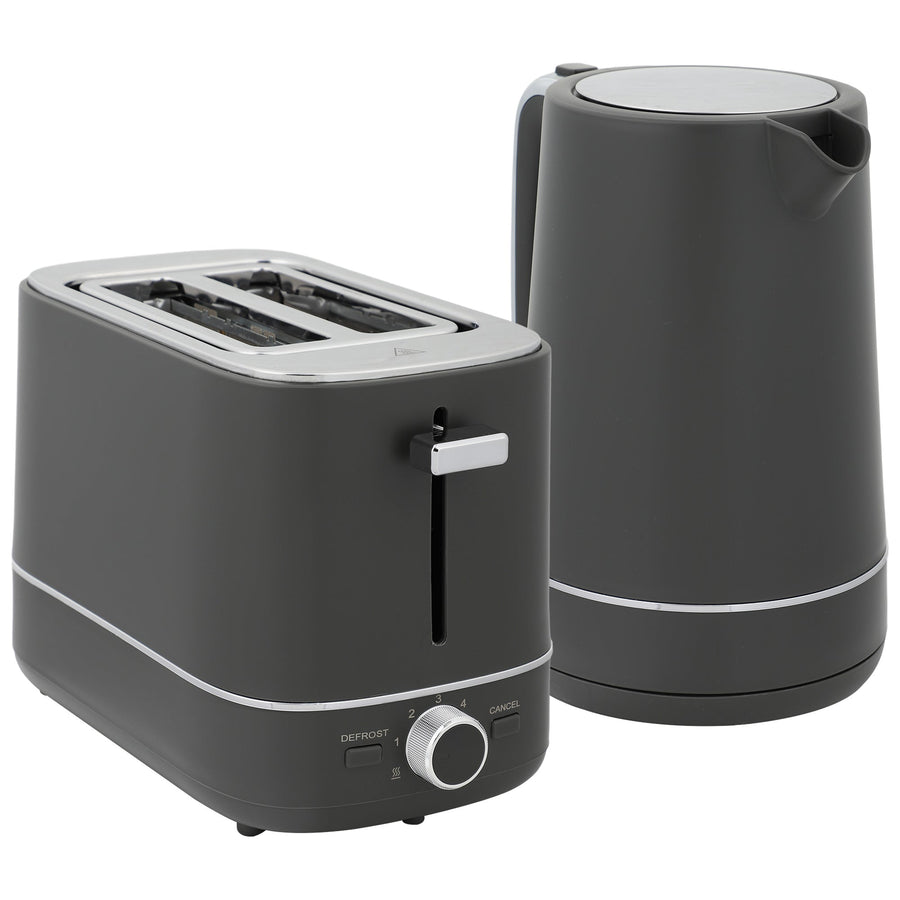 HOMCOM Kettle and Toaster Set, a grey kettle and a grey 2 slice toaster shown together on a white background