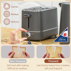Grey 2 slice toaster with controls for defrost and reheat functions, showing bread before and after toasting